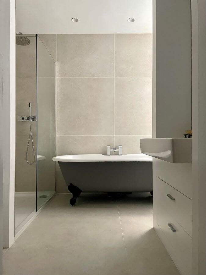METRO-BONE. Image shows project with metro bone large tiles in bathroom