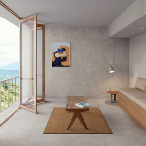METRO-GREY-CEMENT-LOOK-PORCELAIN-TILE. Image shows grey tiles in lounge setting.