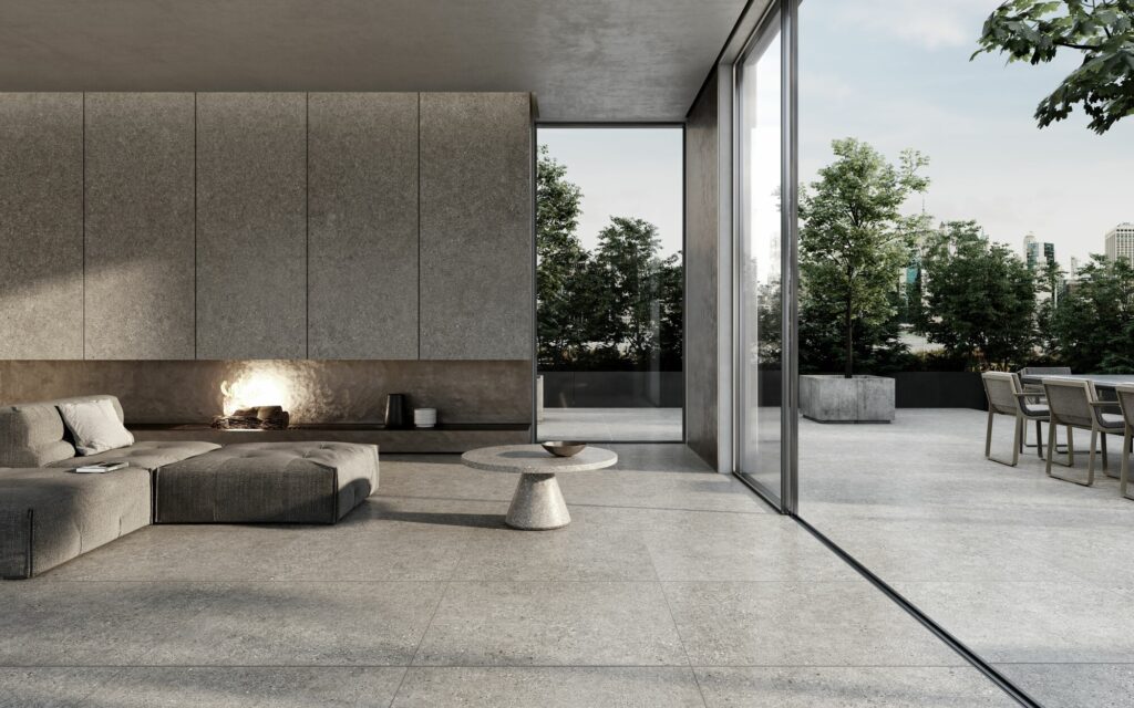 Define terrazzo porcelain effect tile silver lounge