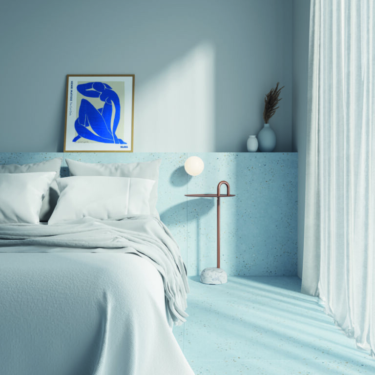Cevisama Spanish Tile Exhibition, Valencia 2 Mix Blue Terrazzo porcelain tile e1683296076898