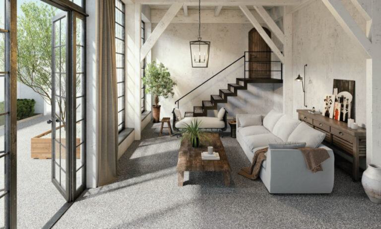 Choosing flooring terrazzo style in porcelain 5 CRUSH BLACK AND WHITE TERRAZZO PORCELAIN e1683205994595