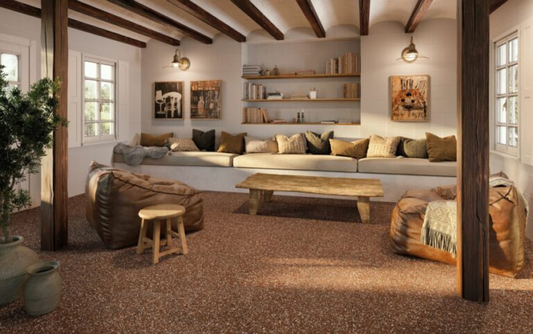 Choosing flooring terrazzo style in porcelain 4 CRUSH RED TERRAZZO PORCELAIN TILE e1683205893870
