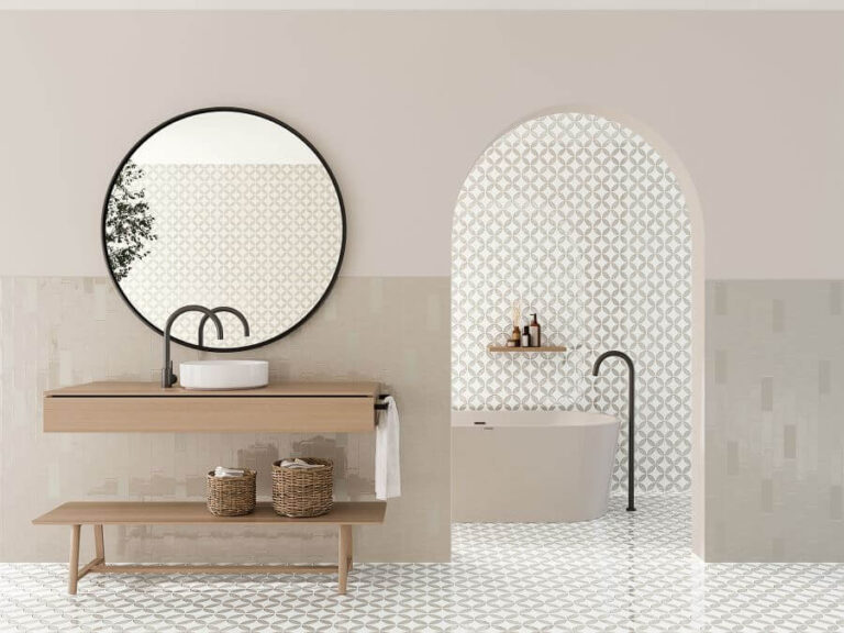 An intro to patterned wall tiles 5 Bloom oatmeal taupe porcelain feature tiles 1