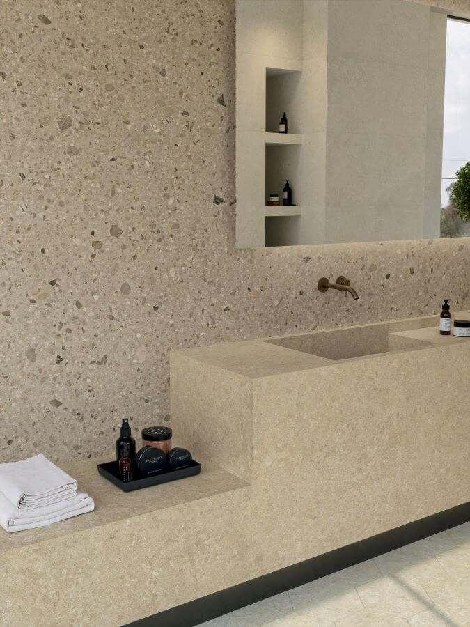 Fusion limestone porcelain tiles Warm