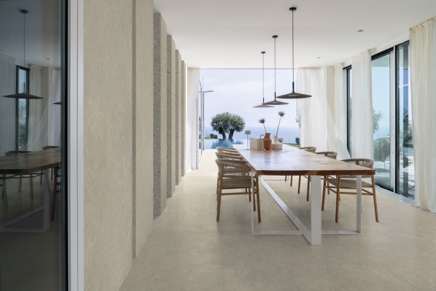 Fusion limestone porcelain tiles dining1