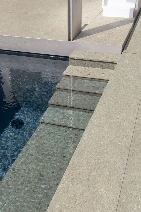 Fusion limestone porcelain tiles outside