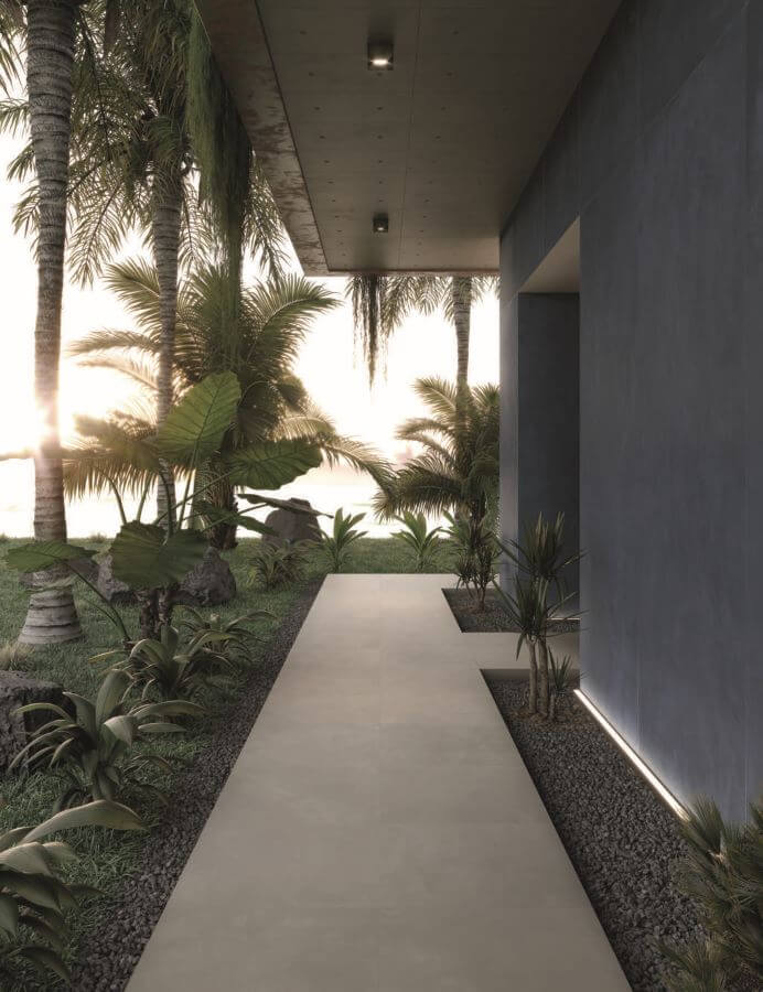 BLEND-DOVE-CEMENT-LOOK-PORCELAIN-TILE-PATIO-PAVER. Image shows grey cement look porcelain tile to patio