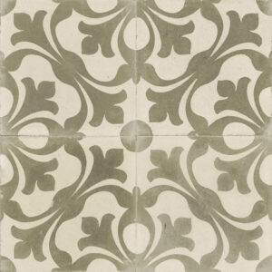 Mode Olive pattern wall tiles featuring a decorative botanical-inspired motif in deep olive green set against a soft cream background, creating a sophisticated, vintage-style geometric display with a smooth matt finish.