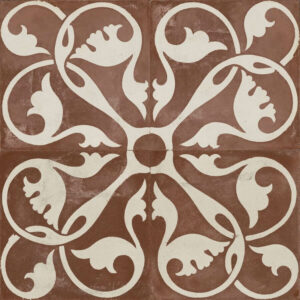 Mode Claret pattern wall tiles featuring a rich, deep-red geometric motif intricately detailed on a warm cream surface, creating a bold, heritage-inspired decorative feature with a refined matt finish.