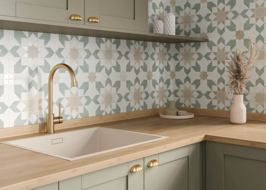 ARABESQUE-GREEN-FEATURE-FLOOR-TILES. Image shows green and taupe flower patterned tile for kitchen splashback.