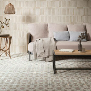 ARABESQUE-TAUPE-FEATURE-FLOOR-TILES. Image shows pink and taupe flower patterned tile to lounge floor