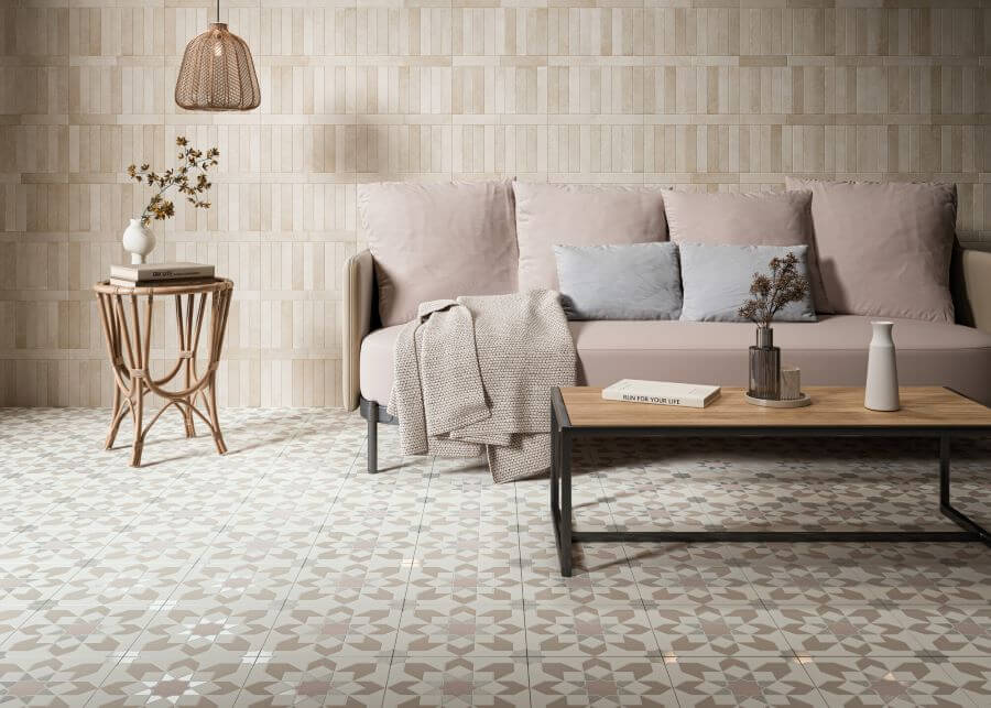 ARABESQUE-TAUPE-FEATURE-FLOOR-TILES. Image shows pink and taupe flower patterned tile to lounge floor