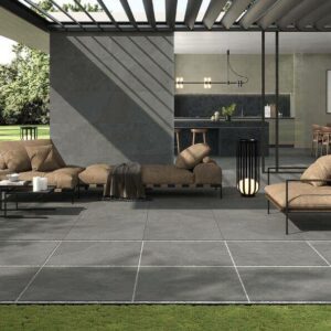 ASPECT-CHARCOAL-PORCELAIN-TILE-THAT-LOOKS-LIKE-SLATE. Image shows slate look tile inside and outside