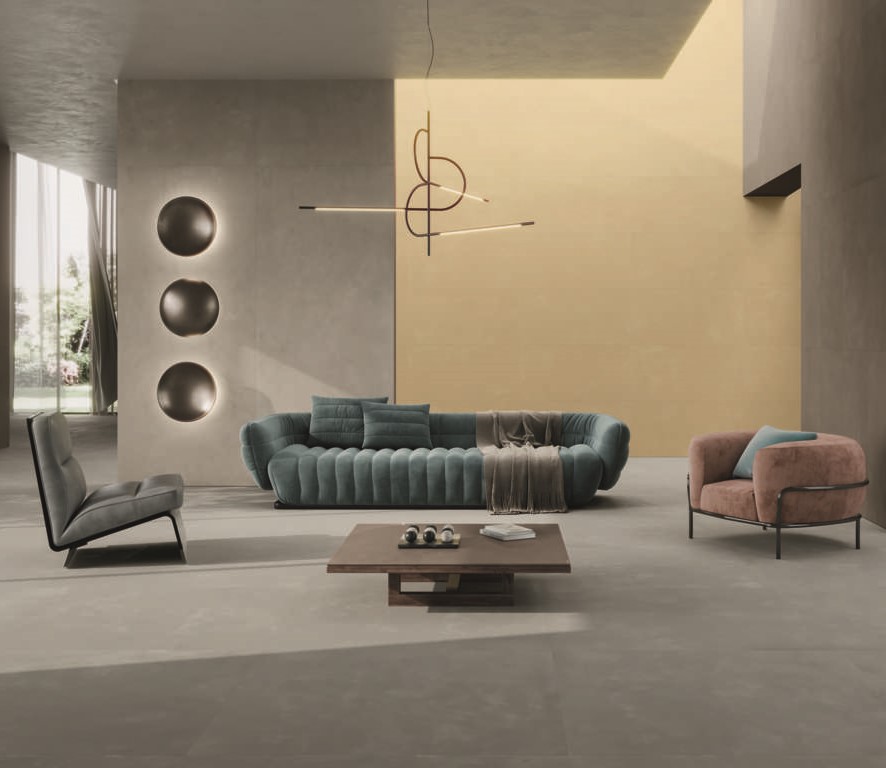 BLEND-DOVE-CEMENT-LOOK-PORCELAIN-TILE. Image shows grey large format porcelain tile in lounge