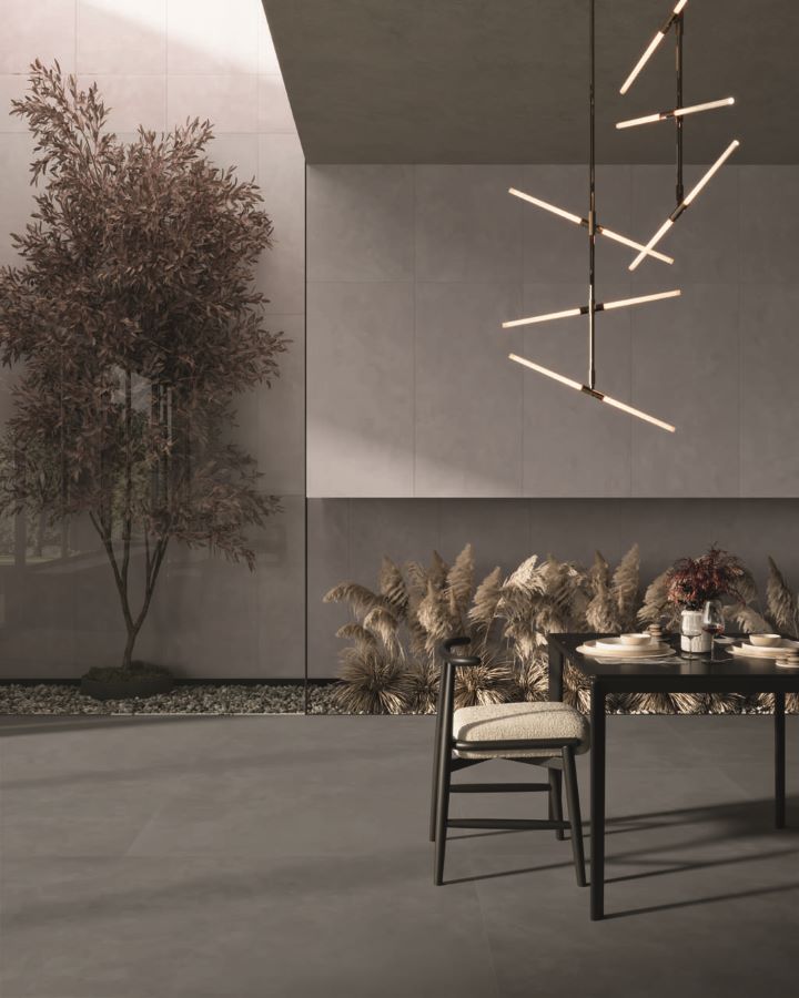 BLEND-PEAT-CEMENT-LOOK-PORCELAIN-TILE-OUTDOOR. Image shows Cement Look Porcelain Tile in dark grey 2cm outdoor paver