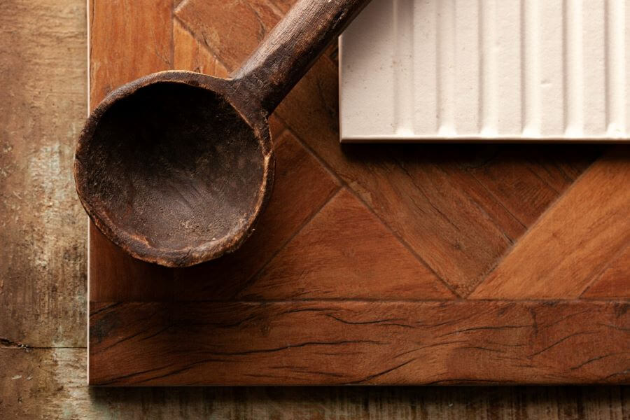 TANGLE-RUSTIC-WOOD-CEARMIC-TILE. Image shows rustic wood ceramic tile mood board