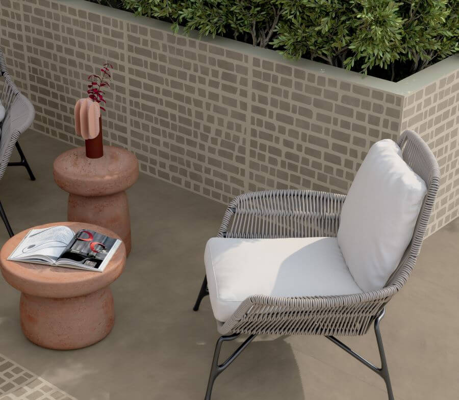 TOAST-BISCOTTI-PORCELAIN-LARGE-OUTDOOR-TILES. Image shows taupe porcelain large outdoor tiles on patio area