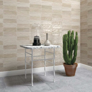 Cream Adore Sand ceramic Spanish tiles displayed on two walls with a cactus plant and a table.