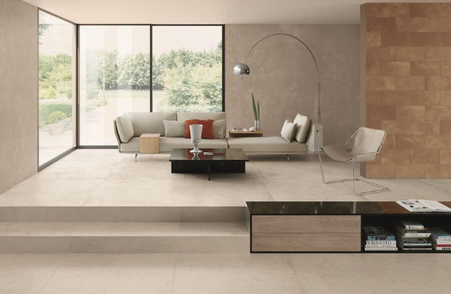 ARTISAN-SALT-CONCRETE-LOOKING-TILES-LOUNGE. Image shows white concrete looking tiles in open plan lounge
