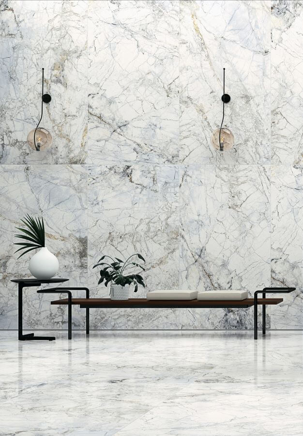 BELLEZA-WHITE-MARBLE-EFFECT-TILE-HALLWAY. Image shows white marble effect tile in hallway