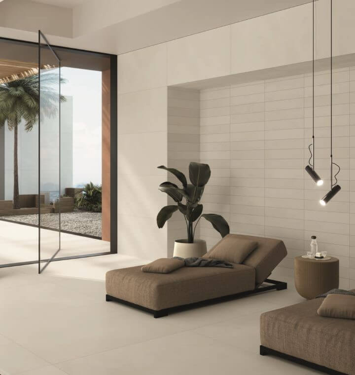 BLEND-MATCHSTICK-CEMENT-LOOK-PORCELAIN-TILE-2CM. Image shows cream cement look porcelain tile in gym