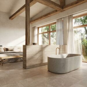 Bliss Flagstone Caramel. Image shows caramel 900 x 600mm flagstone effect porcelain bathroom