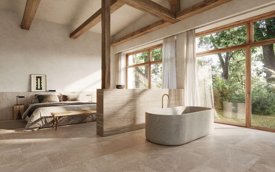Bliss Flagstone Caramel. Image shows caramel 900 x 600mm flagstone effect porcelain bathroom