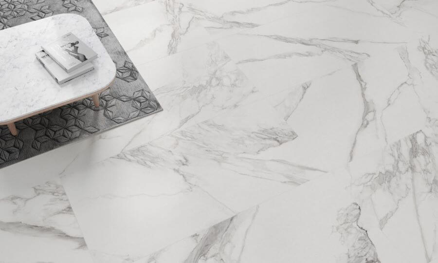 CARERRA-ARGENT-LARGE-FORMAT-MARBLE-TILE-WALL. Image shows large format marble porcelain tile with grey veining