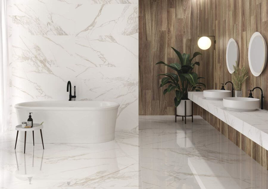 CARERRA-ORO-LARGE-FORMAT-MARBLE-TILE-BATHROOM. Image shows bathroom with large format marble porcelain tile with gold veining