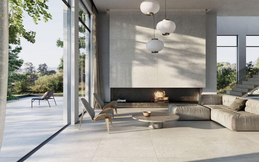 CHIC-LIMESTONE-LOOK-PORCELAIN-TILE-SAND. Image shows sand limestone look porcelain tile in an open plan living space
