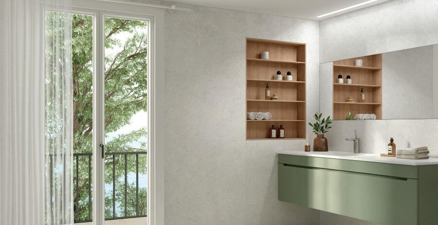 CHIC-WHITE-LIMESTONE-LOOK-PORCELAIN-TILE-BATHROOM. Image shows white limestone look porcelain tile splashback in a bathroom