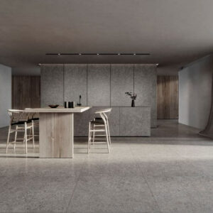 DEFINE-SILVER-TERRAZZO-EFFECT-PORCELAIN-TILE-KITCHEN. Image shows silver terrazzo effect porcelain tile in kitchen
