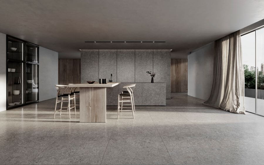DEFINE-SILVER-TERRAZZO-EFFECT-PORCELAIN-TILE-KITCHEN. Image shows silver terrazzo effect porcelain tile in kitchen
