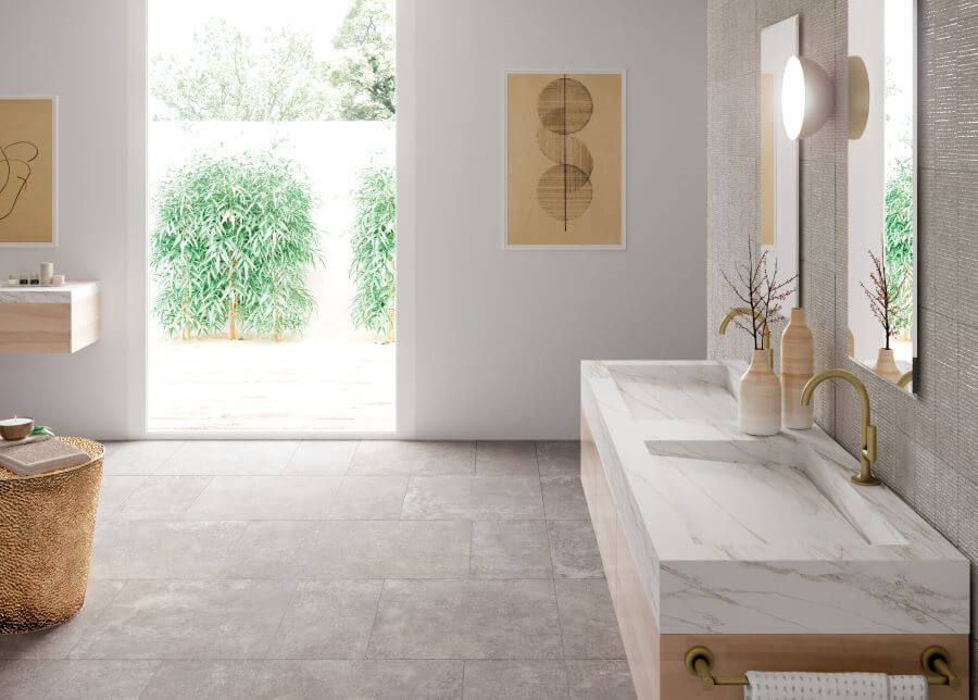 DOCKLANDS-GREY-CEMENT-PORCELAIN-TILE. Image shows grey cement porcelain tile in bathroom with vanity unit