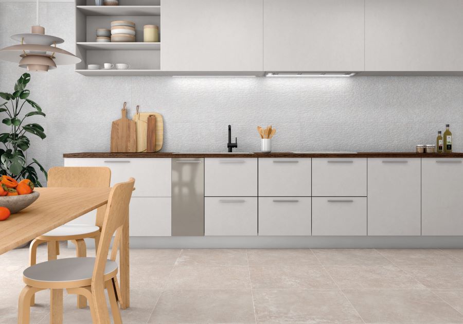 DOCKLANDS-WHITE-CEMENT-CERAMIC-TILE-THREAD. Image shows white cement ceramic tile on wall of kitchen