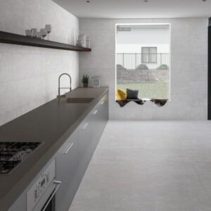DOCKLANDS-WHITE-CEMENT-PORCELAIN-TILE. Image shows white cement porcelain tile in kitchen