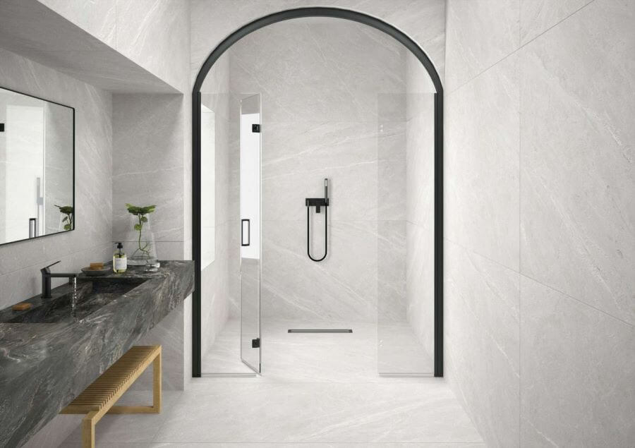 HAVEN-STONE-EFFECT-TILE-BATHROOM. Image shows stone effect tile in bathroom