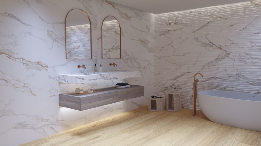 MACCHIA-VECCHIA-MARBLE-EFFECT-PORCELAIN-TILE-BATHROOM. Image shows macchia vecchia marble effect porcelain tile in bathroom with bath and taps