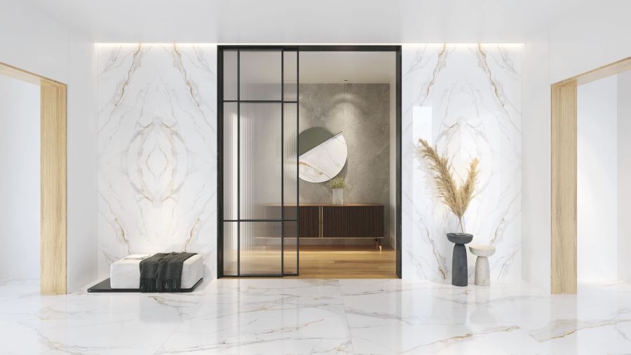 MACCHIA-VECCHIA-MARBLE-EFFECT-PORCELAIN-TILE. Image shows macchia vecchia marble effect porcelain tile in entrance hall with opaque doors