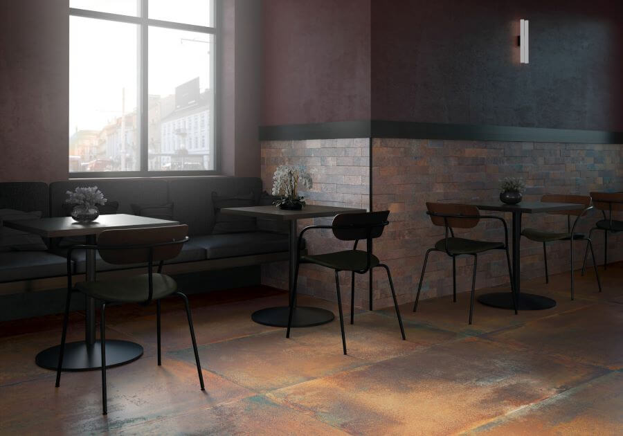 PATINA-CORTEN-METALLIC-FINISH-TILES-FLOOR. Image shows corten metallic finish tiles to floor of cafe