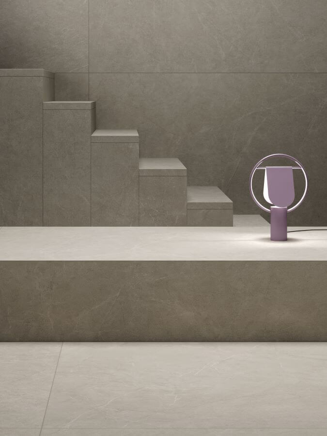 POISE-GREIGE-STONE-LOOK-PORCELAIN-TILES. Image shows grey-beige stone look porcelain tiles with stairs