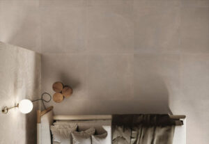 TONE-CLAY-NEW-PORCELAIN-TILES-BEDROOM. Image shows clay porcelain tiles in bedroom on floor