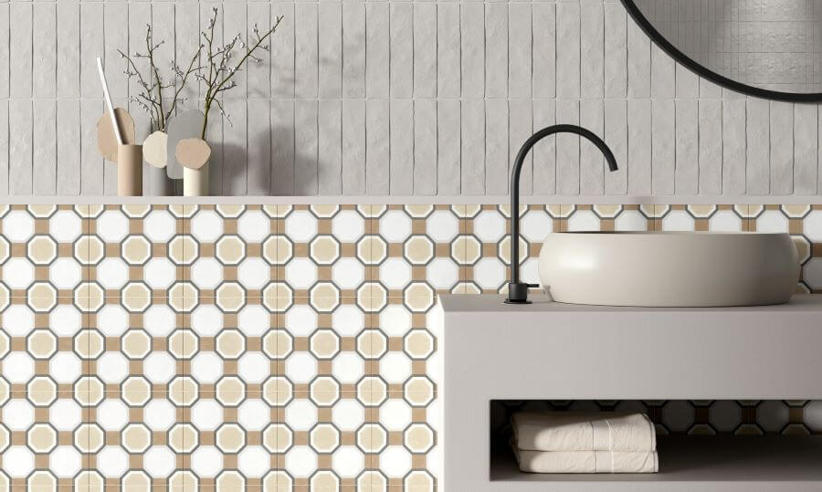 MOTIF-PATTERNED-WALL-TILE-SAND-GEO. Image shows geometric patterned wall tile in brown and beige and white in a bathroom