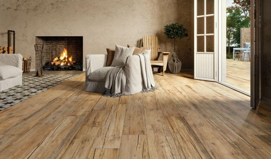 VIBE-RUSTIC-WOOD-EFFECT-TILE-SWATCH. Image shows rustic wood effect tile on floor of lounge