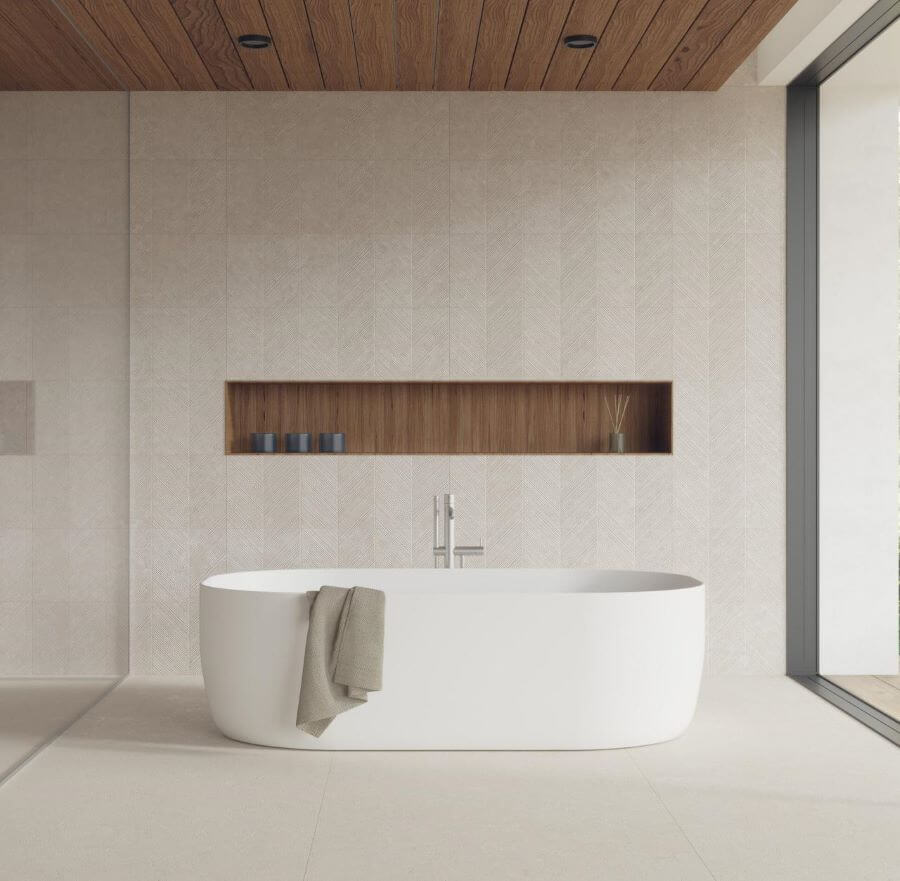 ABODE-ANTISLIP-SOFT-PORCELAIN-TILES-SAND-2. Image shows abode antislip soft porcelain tiles in sand in bathroom