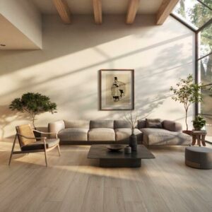 Image shows Knot porcelain wooden effect tiles in maple in lounge with sofas