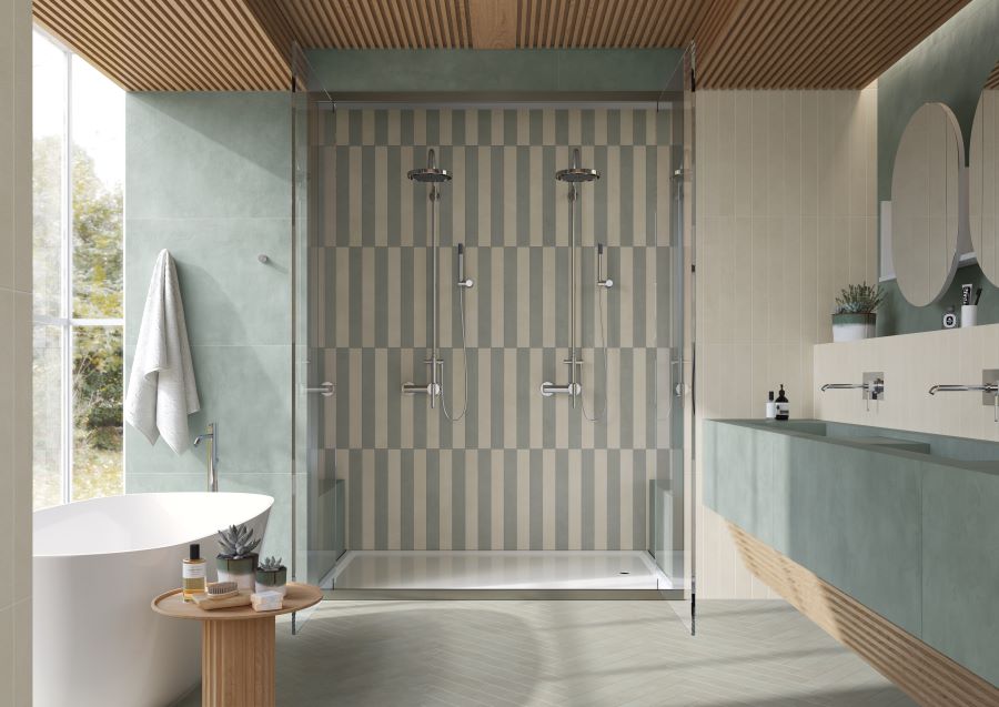 ITALIAN-BATHROOM-TILES-LUNGA-ASHEN-CALICO. Image shows light blue and cream tiles to back of shower