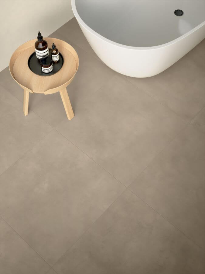 ITALIAN-BATHROOM-TILES-TOAST-BISCOTTI. Image shows Italian bathroom tiles to floor of bathroom
