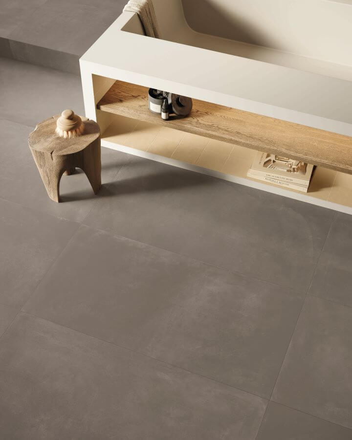 ITALIAN-BATHROOM-TILES-TONE-EARTH. Image shows Italian bathroom tiles to floor of bathroom