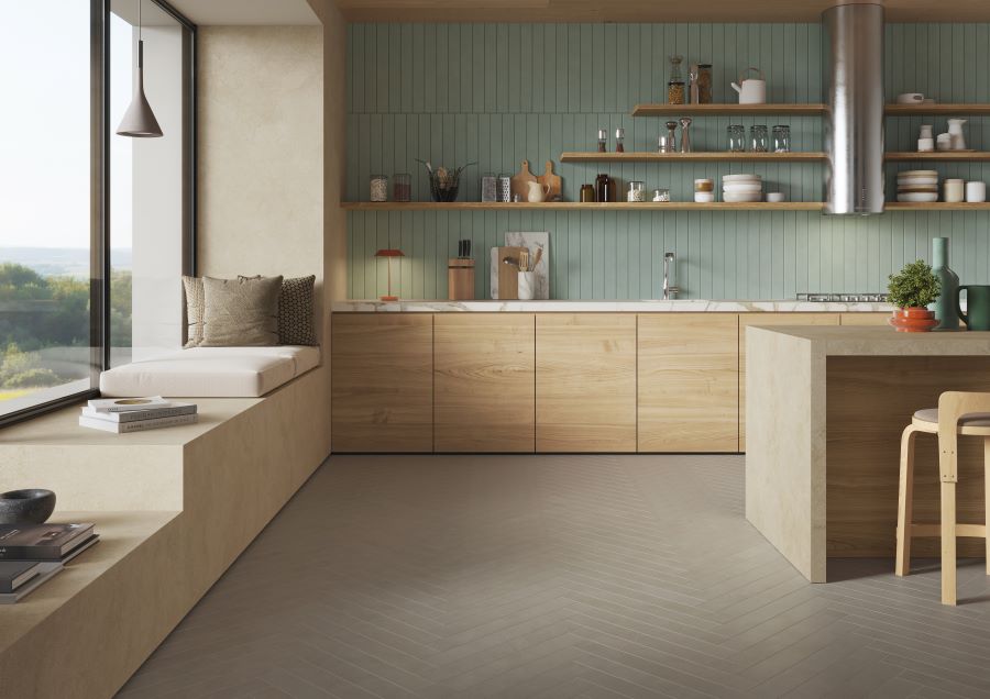 LUNGA-SISAL-AND-PEPPER. Image shows kitchen with green long tiles in background and taupe coloured tiles to floor.